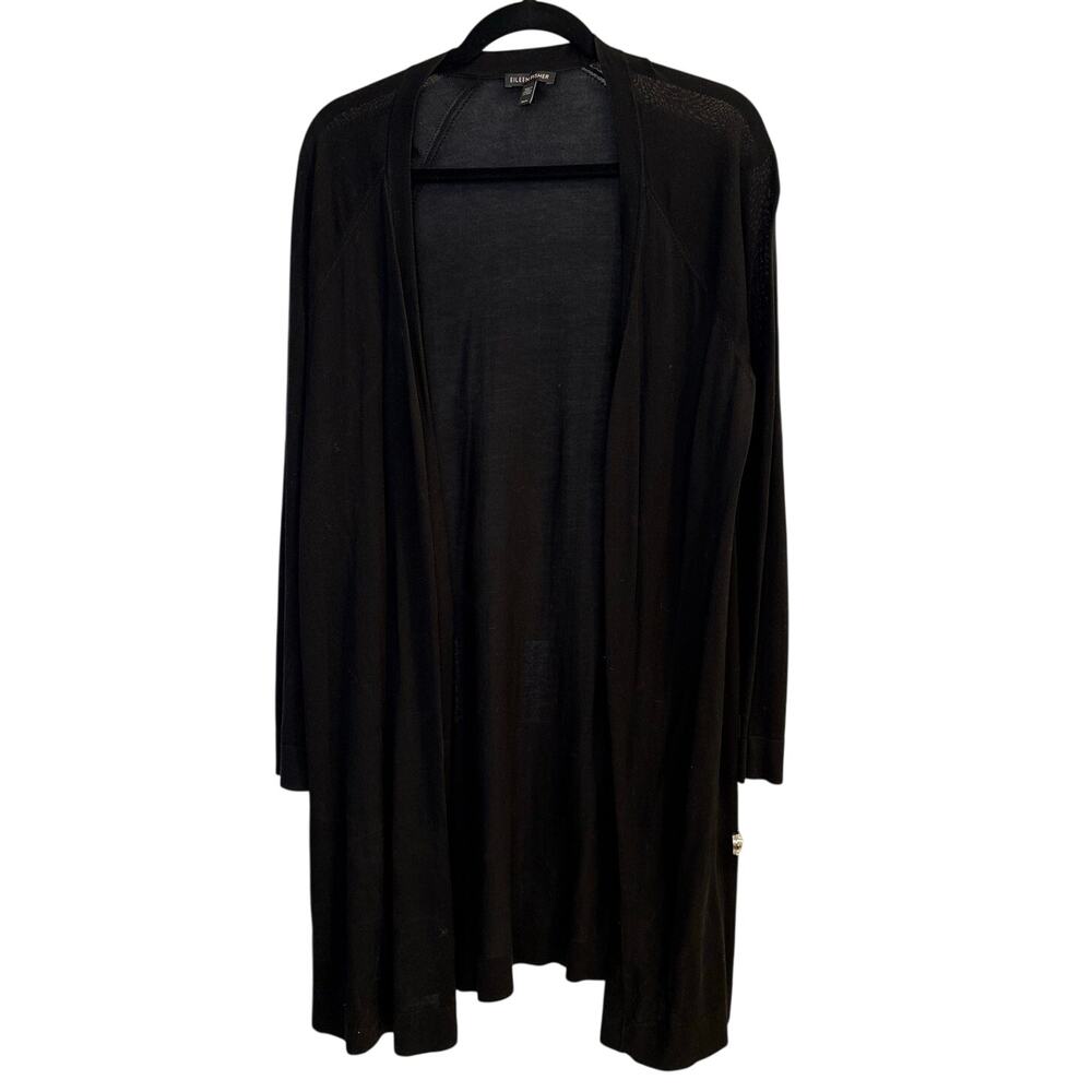 Eileen Fisher Black Open Front Longline Lightweight Cardigan Sweater Size Medium